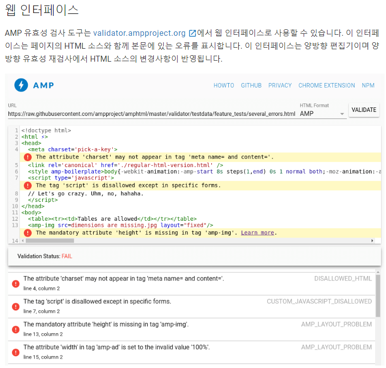 AMP 유효성 검사 도구 웹 인터페이스